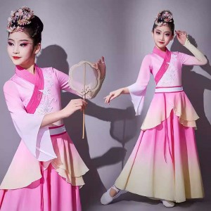 Girls pink gradient chinese folk dance dresses ancient traditonal yangge umbrella fan dance fairy hanfu competition stage performance skirts